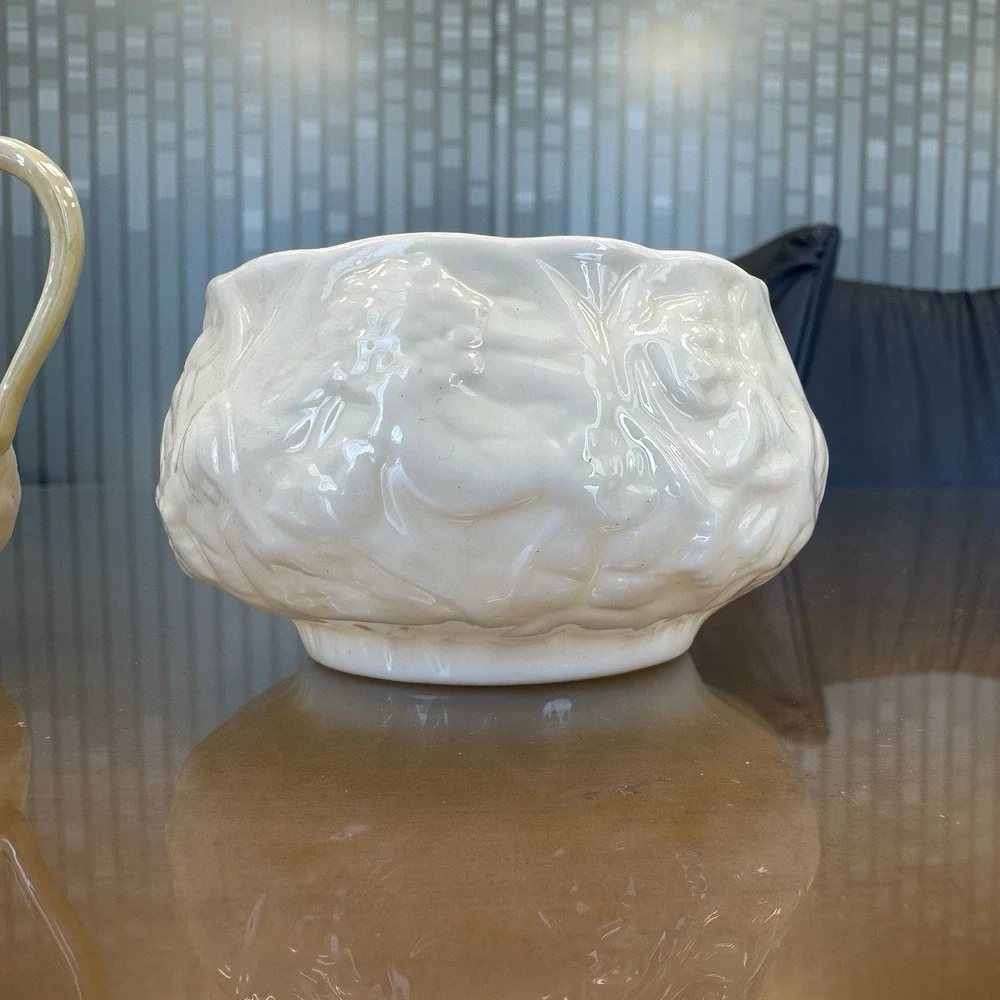 Antique Belleek Irish Porcelain Floral‎ Pattern Creamer & Sugar Dish Green Mark